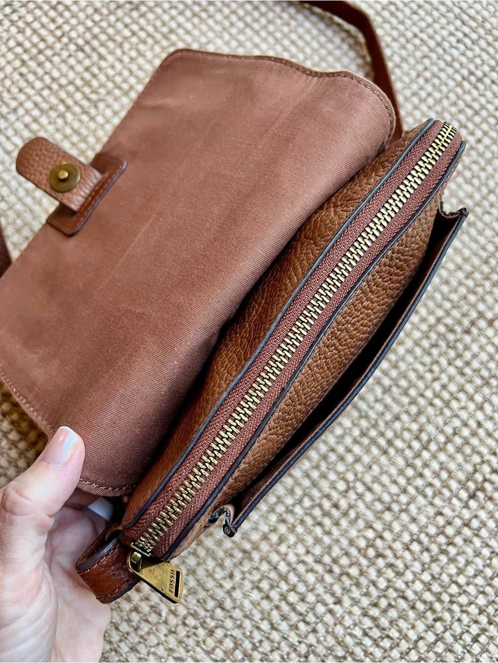 🤎Fossil Leather Crossbody Bag Brown Pebbled Flap Organizer Purse - Picture 8 of 12